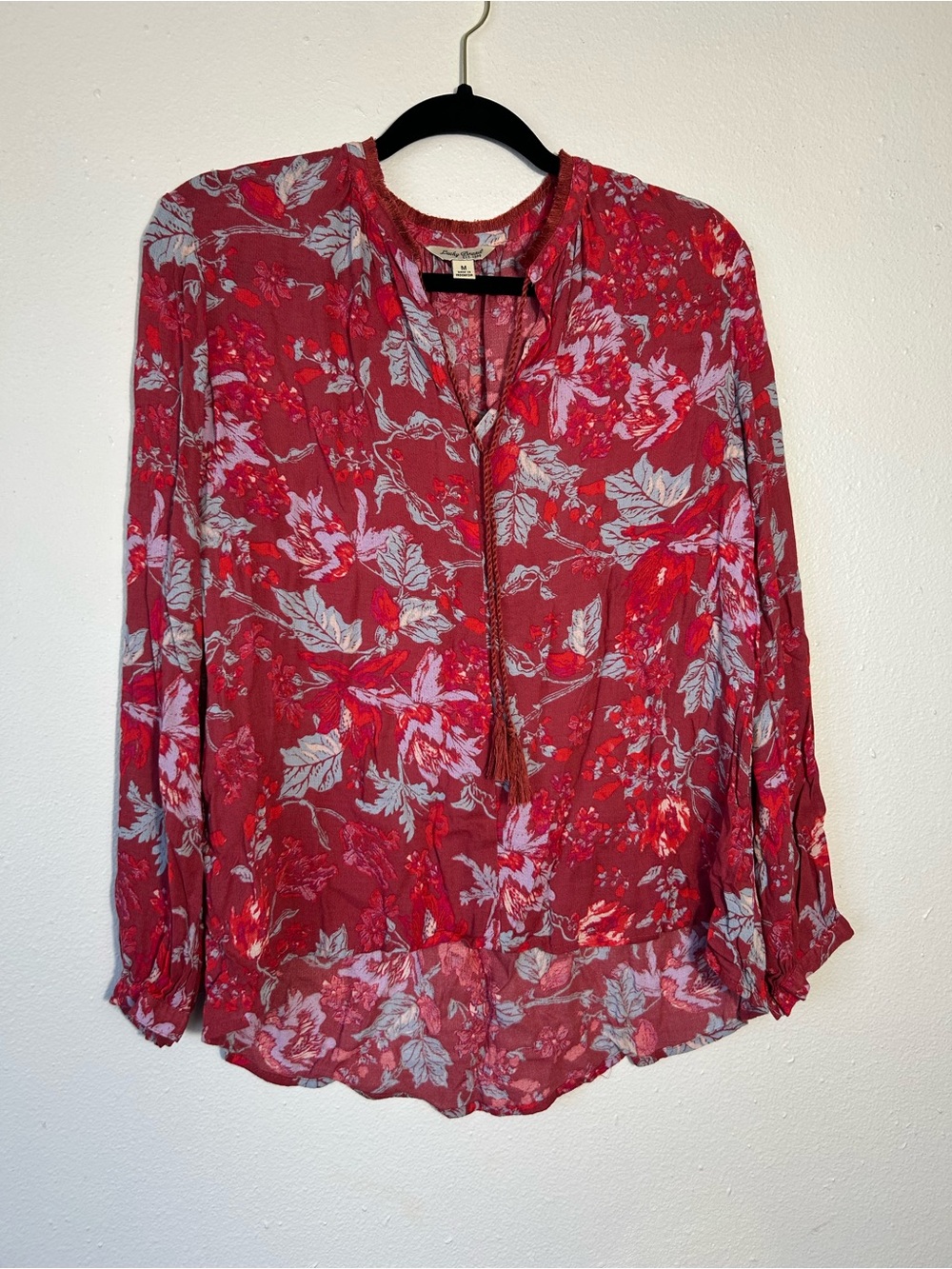 Lucky Brand Blouse M Medium Red Purple Floral Long Sleeve Peasant Tassel Viscose
